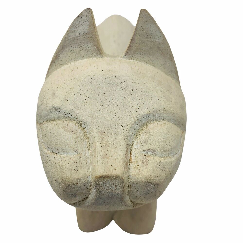 Vtg MCM Hand Carved Wooden Cat Figure Statue Sculpture Brass Collar - Picture 3 of 8